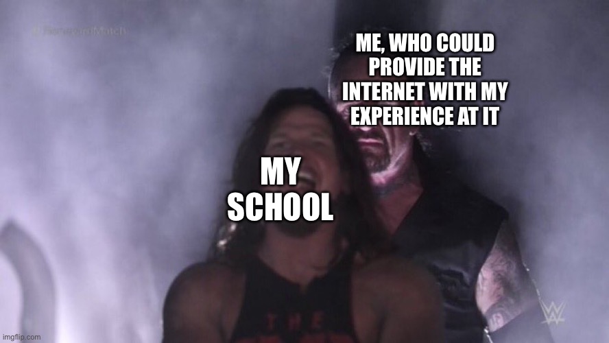 I’m not even joking, I could basically say that my school had done bad stuff | ME, WHO COULD PROVIDE THE INTERNET WITH MY EXPERIENCE AT IT; MY SCHOOL | image tagged in aj styles undertaker | made w/ Imgflip meme maker