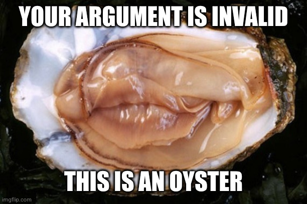 oyster | YOUR ARGUMENT IS INVALID; THIS IS AN OYSTER | image tagged in oyster | made w/ Imgflip meme maker