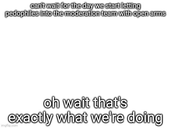 can't wait for the day we start letting pedophiles into the moderation team with open arms; oh wait that's exactly what we're doing | made w/ Imgflip meme maker