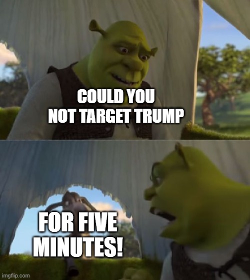 Could you not ___ for 5 MINUTES | COULD YOU NOT TARGET TRUMP; FOR FIVE MINUTES! | image tagged in could you not ___ for 5 minutes | made w/ Imgflip meme maker