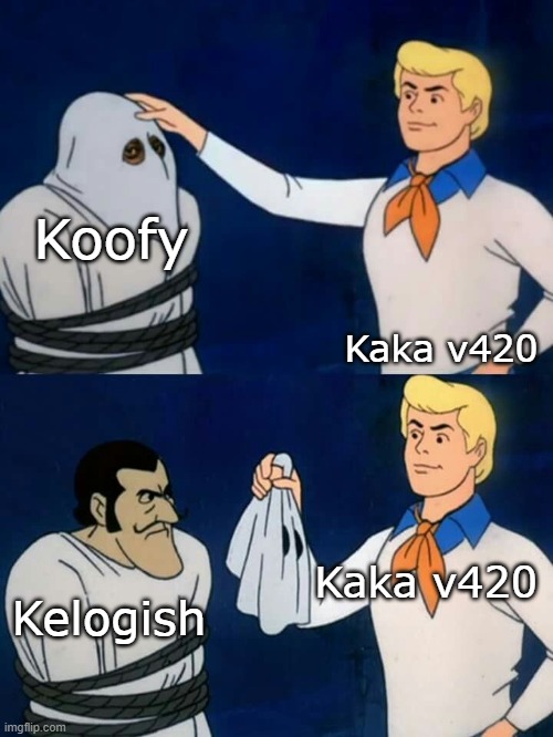 Koofy situation rn: | Koofy; Kaka v420; Kaka v420; Kelogish | image tagged in scooby doo mask reveal,drama,roblox,stop reading these tags | made w/ Imgflip meme maker