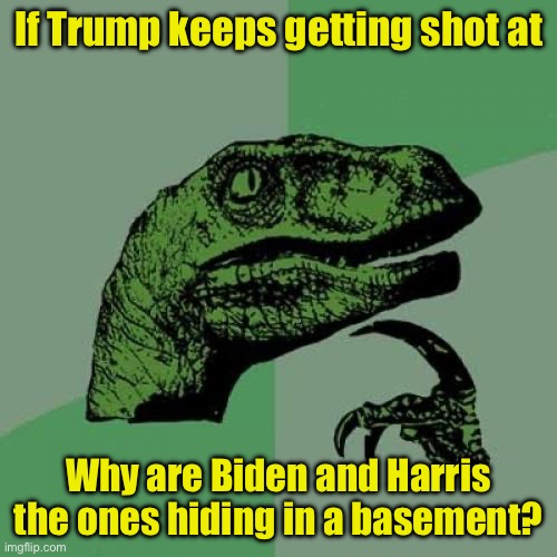 Philosoraptor | If Trump keeps getting shot at; Why are Biden and Harris the ones hiding in a basement? | image tagged in memes,philosoraptor | made w/ Imgflip meme maker