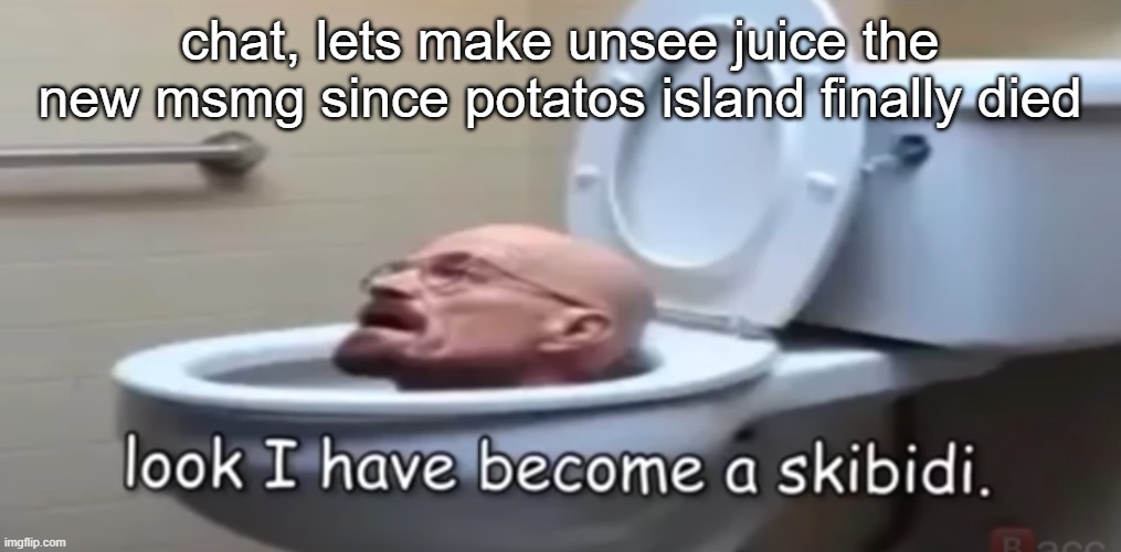 https://imgflip.com/m/unsee-juice | chat, lets make unsee juice the new msmg since potatos island finally died | image tagged in walter skibidi | made w/ Imgflip meme maker