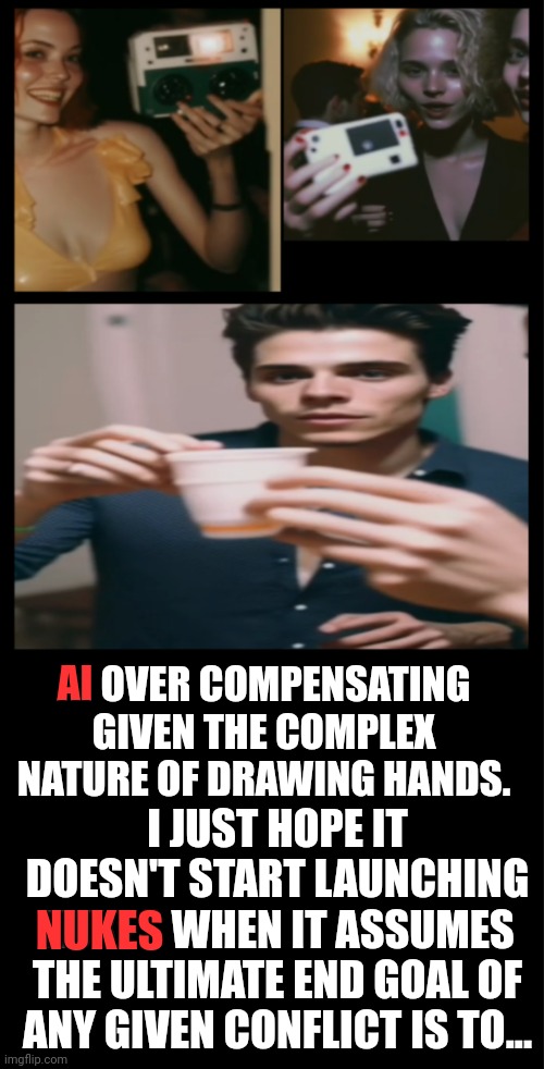 AI over compensating | AI; AI OVER COMPENSATING GIVEN THE COMPLEX NATURE OF DRAWING HANDS. I JUST HOPE IT DOESN'T START LAUNCHING NUKES WHEN IT ASSUMES THE ULTIMATE END GOAL OF ANY GIVEN CONFLICT IS TO... NUKES | made w/ Imgflip meme maker