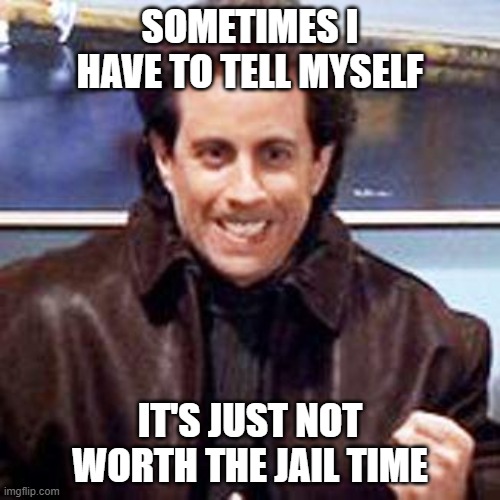 Seinfeld Newman | SOMETIMES I HAVE TO TELL MYSELF; IT'S JUST NOT WORTH THE JAIL TIME | image tagged in seinfeld newman | made w/ Imgflip meme maker