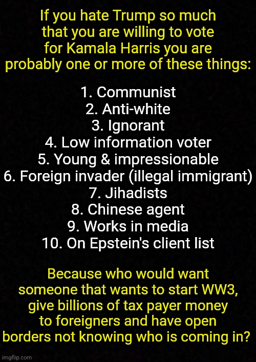 So you want to live in perpetual hell | If you hate Trump so much that you are willing to vote for Kamala Harris you are probably one or more of these things:; 1. Communist
2. Anti-white
3. Ignorant
4. Low information voter
5. Young & impressionable
6. Foreign invader (illegal immigrant)
7. Jihadists
8. Chinese agent
9. Works in media
10. On Epstein's client list; Because who would want someone that wants to start WW3, give billions of tax payer money to foreigners and have open borders not knowing who is coming in? | image tagged in donald trump,kamala harris,think about it,true story,the scroll of truth,wake up | made w/ Imgflip meme maker