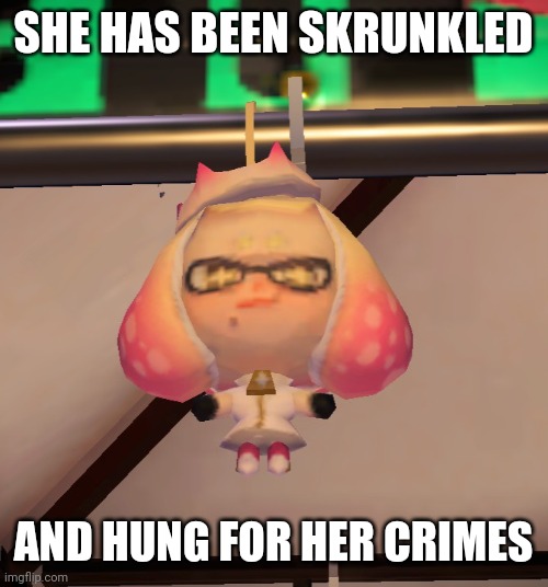 SHE HAS BEEN SKRUNKLED; AND HUNG FOR HER CRIMES | image tagged in splatoon 2,pearl | made w/ Imgflip meme maker