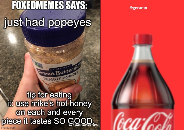 FoxedMemes and geramn template | just had popeyes; tip for eating it: use mike’s hot honey on each and every piece it tastes SO GOOD. | image tagged in foxedmemes and geramn template | made w/ Imgflip meme maker