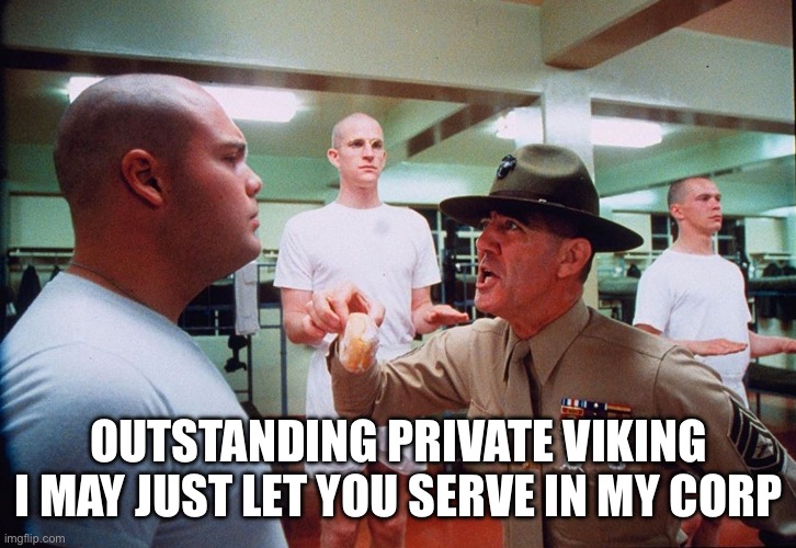 Gunney Ermy Drill Sergeant | OUTSTANDING PRIVATE VIKING I MAY JUST LET YOU SERVE IN MY CORP | image tagged in gunney ermy drill sergeant | made w/ Imgflip meme maker