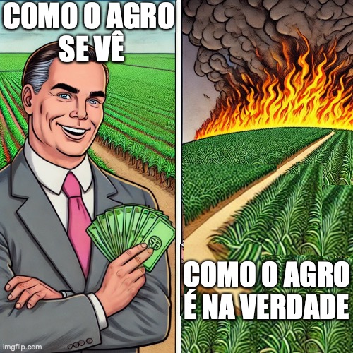 O AGRO-NEGOCIO BRASILEIRO | COMO O AGRO 
SE VÊ; COMO O AGRO
É NA VERDADE | image tagged in agro,brasil,agronegocio,queimadas,desmatamento | made w/ Imgflip meme maker