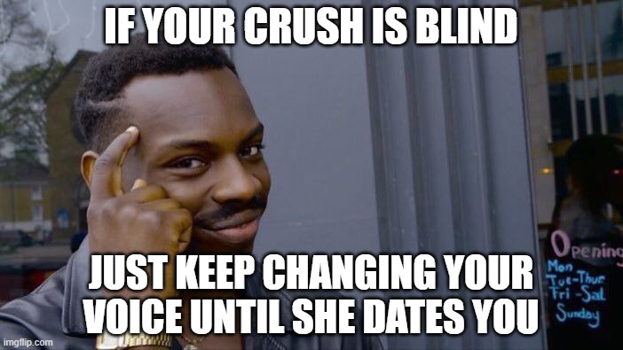 We short kings still have a chance | IF YOUR CRUSH IS BLIND; JUST KEEP CHANGING YOUR VOICE UNTIL SHE DATES YOU | image tagged in memes,roll safe think about it,smart guy,think about it,crush,genius | made w/ Imgflip meme maker