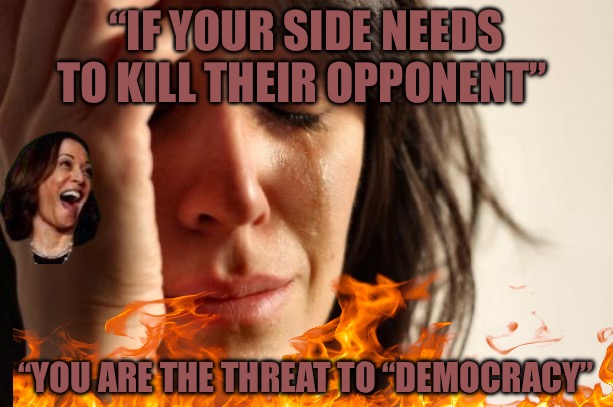 The Real Threat | “IF YOUR SIDE NEEDS TO KILL THEIR OPPONENT”; “YOU ARE THE THREAT TO “DEMOCRACY” | image tagged in threat,political meme,politics,assassination,democracy,crying democrats | made w/ Imgflip meme maker