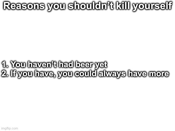 Blank White Template | Reasons you shouldn’t kill yourself; 1. You haven’t had beer yet
2. If you have, you could always have more | image tagged in blank white template | made w/ Imgflip meme maker