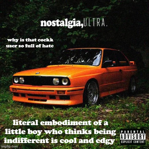 nostalgia, ultra. | why is that cockk user so full of hate; literal embodiment of a little boy who thinks being indifferent is cool and edgy | image tagged in nostalgia ultra | made w/ Imgflip meme maker