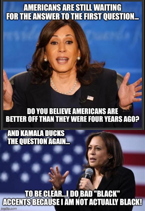 You'll never get a straight answer from Kamala | AND KAMALA DUCKS THE QUESTION AGAIN... | image tagged in kamala harris,has no plan,evades the questions | made w/ Imgflip meme maker