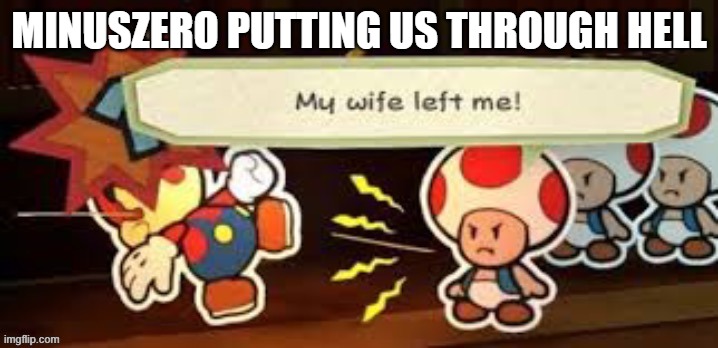 in the hyperbeam | MINUSZERO PUTTING US THROUGH HELL | image tagged in my wife left me | made w/ Imgflip meme maker