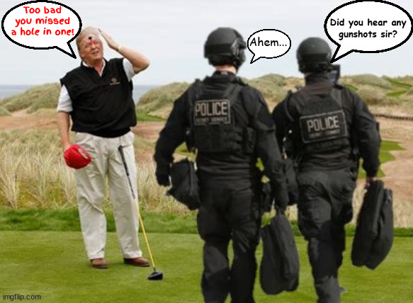 Ahole in won | Too bad you missed a hole in one! Did you hear any 
gunshots sir? Ahem... | image tagged in golf cheat,hole in one,secret service,assasisnation,ar-15,2nd amendment | made w/ Imgflip meme maker