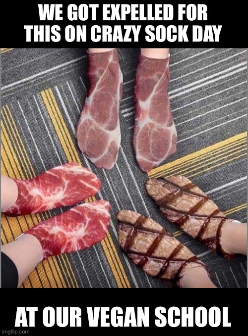 WE GOT EXPELLED FOR THIS ON CRAZY SOCK DAY AT OUR VEGAN SCHOOL | image tagged in crazy,socks,vegan,meatloaf | made w/ Imgflip meme maker