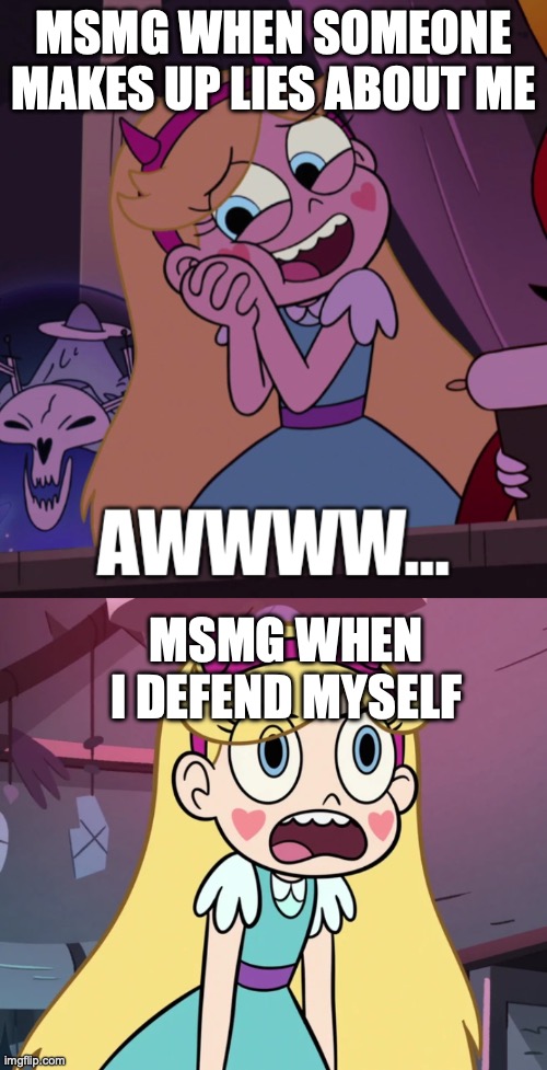 MSMG WHEN SOMEONE MAKES UP LIES ABOUT ME; MSMG WHEN I DEFEND MYSELF | image tagged in star butterfly awwwww,star butterfly frustrated | made w/ Imgflip meme maker