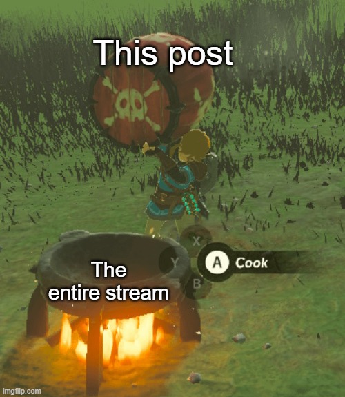 Link about to cook a bomb barrel | This post The entire stream | image tagged in link about to cook a bomb barrel | made w/ Imgflip meme maker