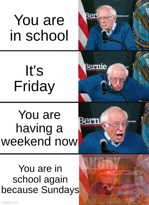 Ah yes. School. :( | You are in school; It's Friday; You are having a weekend now; You are in school again because Sundays; ANGRY | image tagged in bernie reaction bad good good bad | made w/ Imgflip meme maker