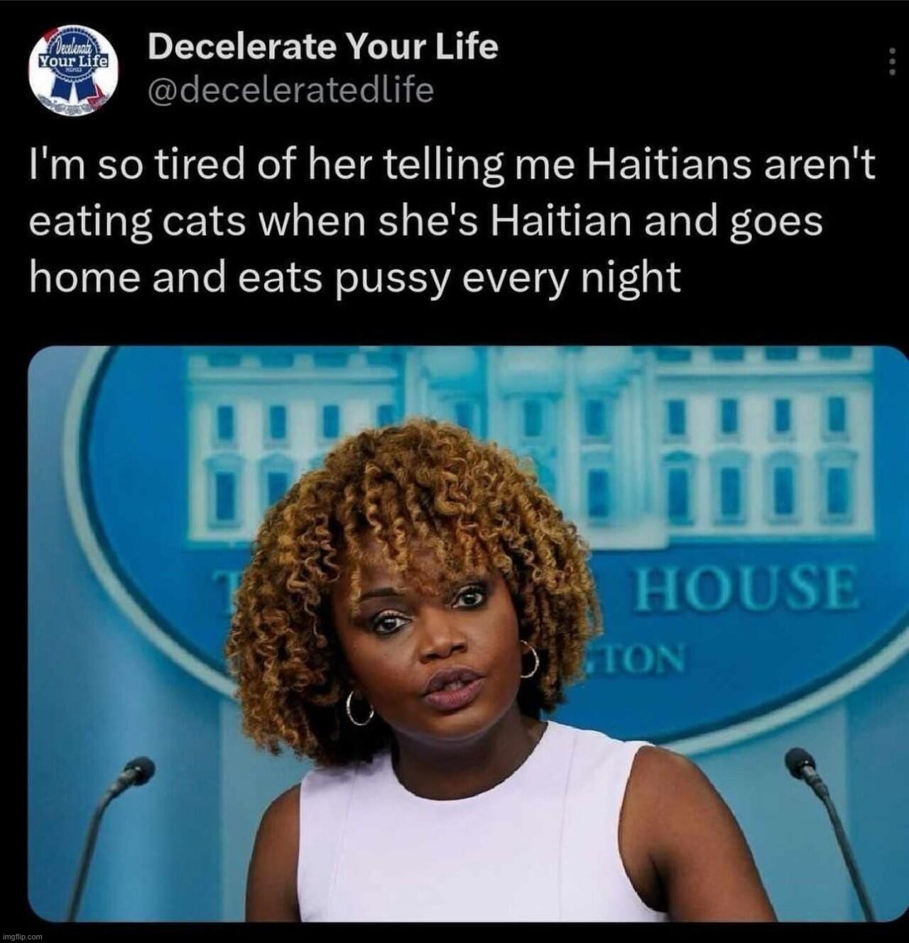 KJP on Haitians eating cats. | image tagged in karine jean-pierre,kjp,haitians,haitian cuisine,here kitty kitty kitty,scared cat | made w/ Imgflip meme maker