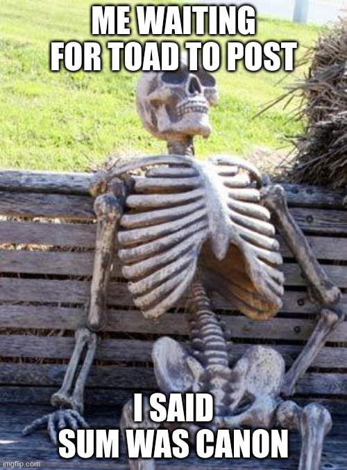 Waiting Skeleton Meme | ME WAITING FOR TOAD TO POST; I SAID SUM WAS CANON | image tagged in memes,waiting skeleton | made w/ Imgflip meme maker