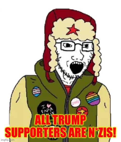 Leftists be like | ALL TRUMP SUPPORTERS ARE N*ZIS! | image tagged in leftist wojak | made w/ Imgflip meme maker