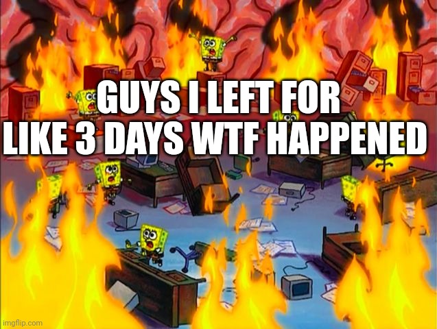 Spongebob Brain Chaos | GUYS I LEFT FOR LIKE 3 DAYS WTF HAPPENED | image tagged in spongebob brain chaos | made w/ Imgflip meme maker