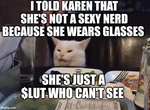 Smudge that darn cat | I TOLD KAREN THAT SHE'S NOT A SEXY NERD BECAUSE SHE WEARS GLASSES; SHE'S JUST A $LUT WHO CAN'T SEE | image tagged in smudge that darn cat | made w/ Imgflip meme maker