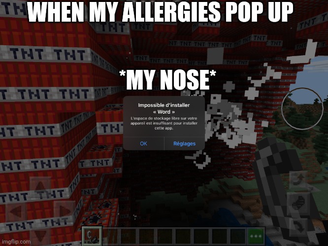 Snot. | WHEN MY ALLERGIES POP UP; *MY NOSE* | image tagged in minecraft tnt | made w/ Imgflip meme maker