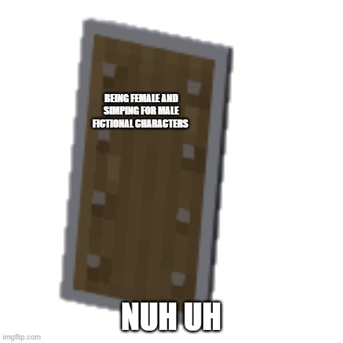 Minecraft sheild | BEING FEMALE AND SIMPING FOR MALE FICTIONAL CHARACTERS NUH UH | image tagged in minecraft sheild | made w/ Imgflip meme maker