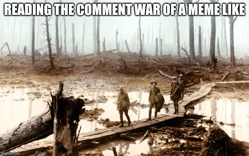 Clever title | READING THE COMMENT WAR OF A MEME LIKE | image tagged in no man's land,comments | made w/ Imgflip meme maker