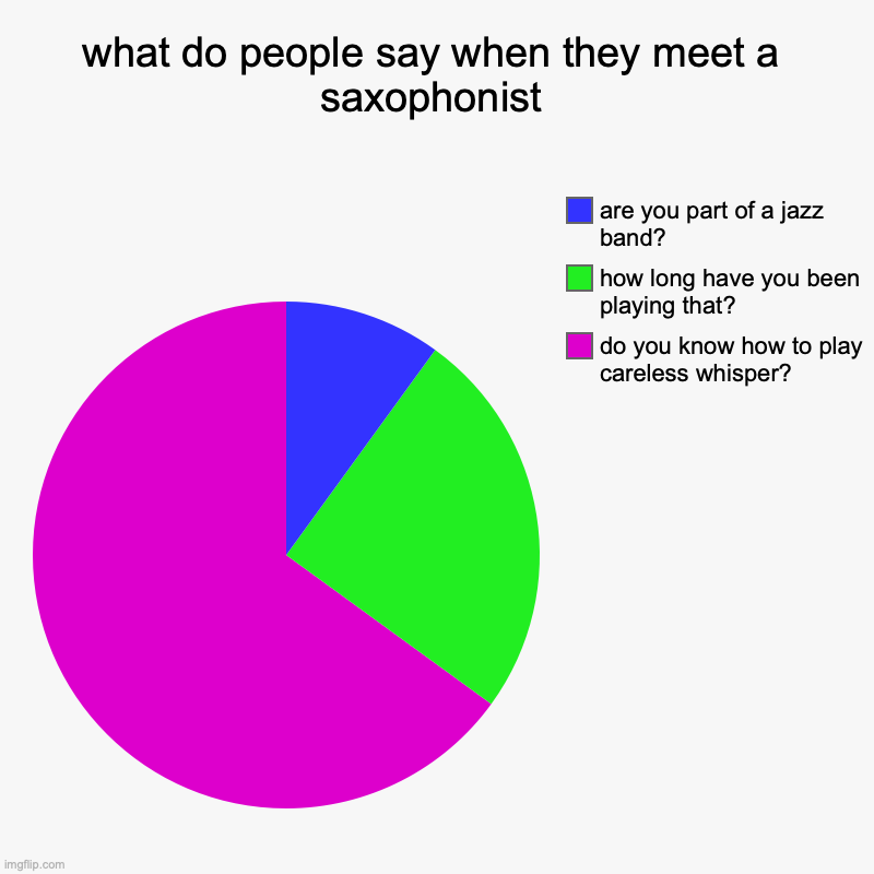 saxophone in a nutshell... | what do people say when they meet a saxophonist | do you know how to play careless whisper?, how long have you been playing that?, are you p | image tagged in charts,pie charts,band,saxophone,george michael,music | made w/ Imgflip chart maker