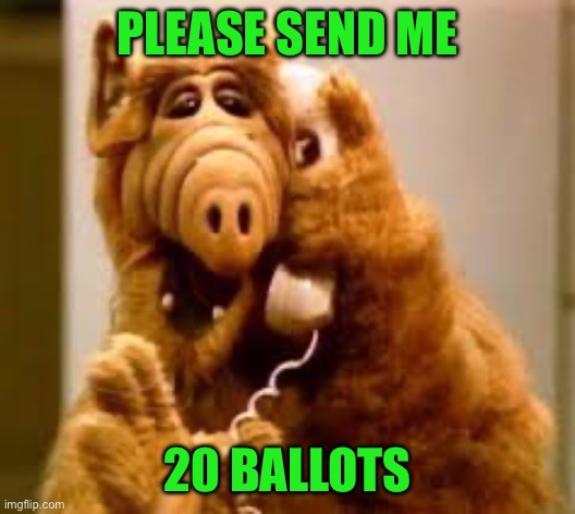 alf | PLEASE SEND ME 20 BALLOTS | image tagged in alf | made w/ Imgflip meme maker