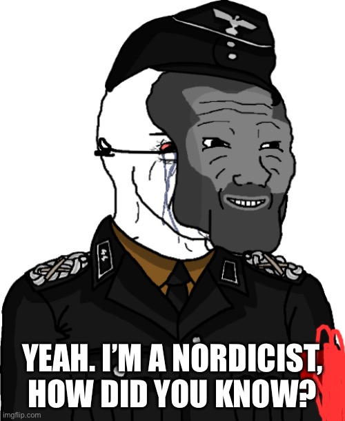 Making fun of nordicists | YEAH. I’M A NORDICIST, HOW DID YOU KNOW? | image tagged in wojak seething anti-fandom s s thinks he is a gigachad | made w/ Imgflip meme maker