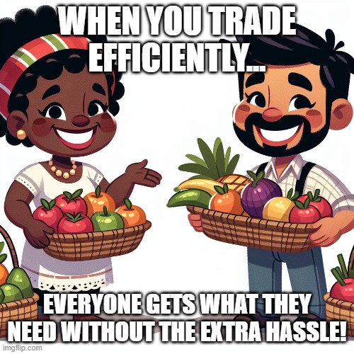 Trade and Efficiency | WHEN YOU TRADE EFFICIENTLY... EVERYONE GETS WHAT THEY NEED WITHOUT THE EXTRA HASSLE! | image tagged in economics | made w/ Imgflip meme maker