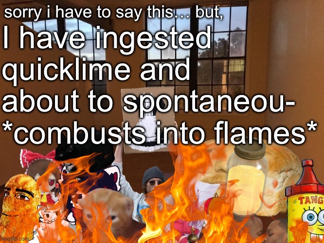 Help me | I have ingested quicklime and about to spontaneou-
*combusts into flames* | image tagged in breadm announcement temp v4 | made w/ Imgflip meme maker