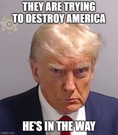 Donald Trump Mugshot | THEY ARE TRYING TO DESTROY AMERICA; HE'S IN THE WAY | image tagged in donald trump mugshot | made w/ Imgflip meme maker