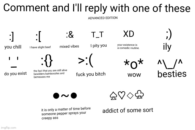 comment and I'll reply with one of these advanced edition | image tagged in comment and i'll reply with one of these advanced edition | made w/ Imgflip meme maker