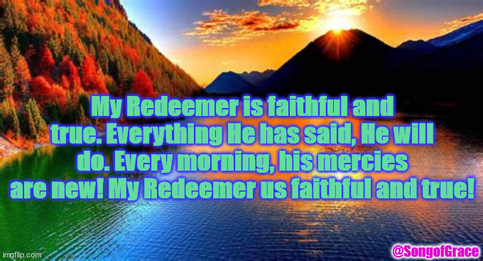 My Redeemer is Faithful and True! | My Redeemer is faithful and true. Everything He has said, He will do. Every morning, his mercies are new! My Redeemer us faithful and true! @SongofGrace | image tagged in biblical encouragement | made w/ Imgflip meme maker