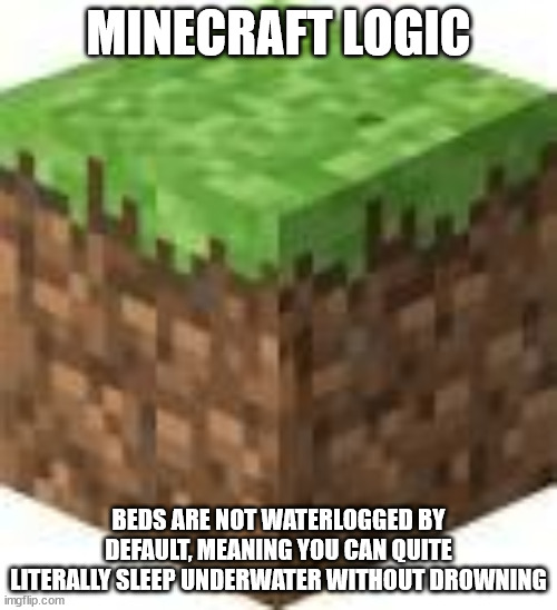 just found this out a few moments ago | MINECRAFT LOGIC; BEDS ARE NOT WATERLOGGED BY DEFAULT, MEANING YOU CAN QUITE LITERALLY SLEEP UNDERWATER WITHOUT DROWNING | image tagged in minecraft logic | made w/ Imgflip meme maker