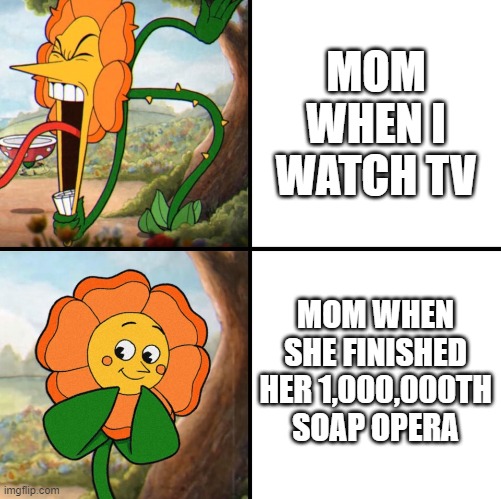 angry flower | MOM WHEN I WATCH TV; MOM WHEN SHE FINISHED HER 1,000,000TH SOAP OPERA | image tagged in angry flower | made w/ Imgflip meme maker