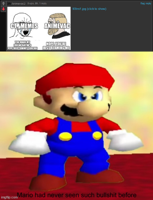 i am not blaming you, i am criticizing you, so you would learn what is wrong, drawing gore of ppl childhood characters is wrong! | image tagged in mario had never seen such bullshit before | made w/ Imgflip meme maker