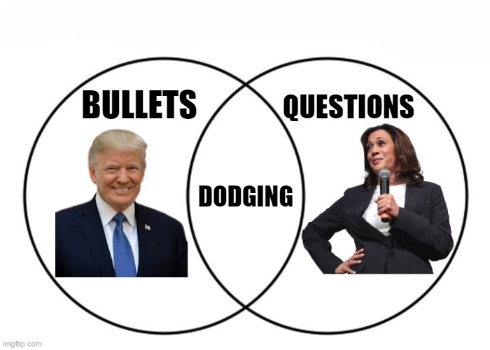 They are not the same | QUESTIONS; BULLETS; DODGING | image tagged in trump,venn diagram,kamala harris,maga,make america great again,assassination | made w/ Imgflip meme maker