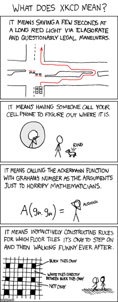 "It means shuffling quickly past nuns on the street with ketchup in your palms, pretending you're hiding stigmata." | image tagged in xkcd,meaning,driving,cellphone,math,floor | made w/ Imgflip meme maker