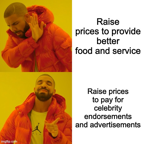 Fast Food Restaurants | Raise prices to provide better food and service; Raise prices to pay for celebrity endorsements and advertisements | image tagged in memes,drake hotline bling | made w/ Imgflip meme maker