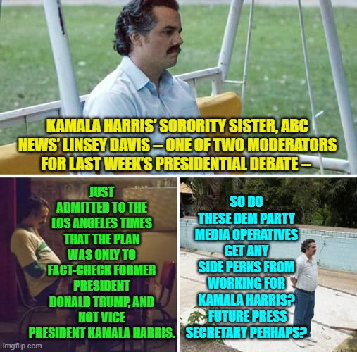 Altogether now, "Us conservatives told you leftists so!" | JUST ADMITTED TO THE LOS ANGELES TIMES THAT THE PLAN WAS ONLY TO FACT-CHECK FORMER PRESIDENT DONALD TRUMP, AND NOT VICE PRESIDENT KAMALA HARRIS. SO DO THESE DEM PARTY MEDIA OPERATIVES GET ANY SIDE PERKS FROM WORKING FOR KAMALA HARRIS?  FUTURE PRESS SECRETARY PERHAPS? KAMALA HARRIS' SORORITY SISTER, ABC NEWS’ LINSEY DAVIS -- ONE OF TWO MODERATORS FOR LAST WEEK’S PRESIDENTIAL DEBATE -- | image tagged in sad pablo escobar | made w/ Imgflip meme maker