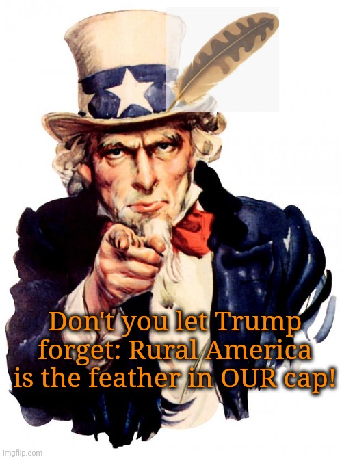 Rural America Needs You! | Don't you let Trump forget: Rural America is the feather in OUR cap! | image tagged in memes,uncle sam,rural america,dnc,msnbc | made w/ Imgflip meme maker