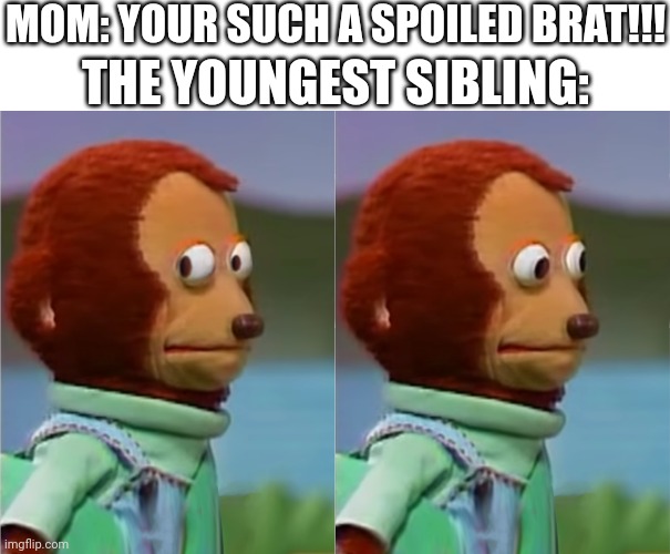 Youngest siblings. | MOM: YOUR SUCH A SPOILED BRAT!!! THE YOUNGEST SIBLING: | image tagged in puppet monkey looking away | made w/ Imgflip meme maker